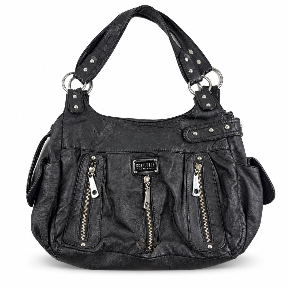 Scarleton Vintage Y2K Black Studded Multi Pocket Leather Edgy Shoulder Bag